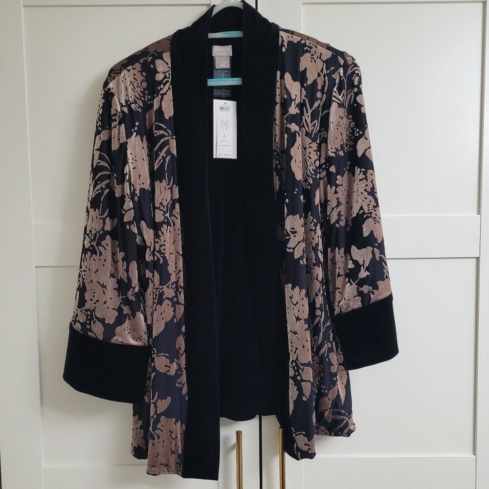 Chico's Traveler Floral Velvet Antique Taupe Jacket Reversible Jacket Size 12/14